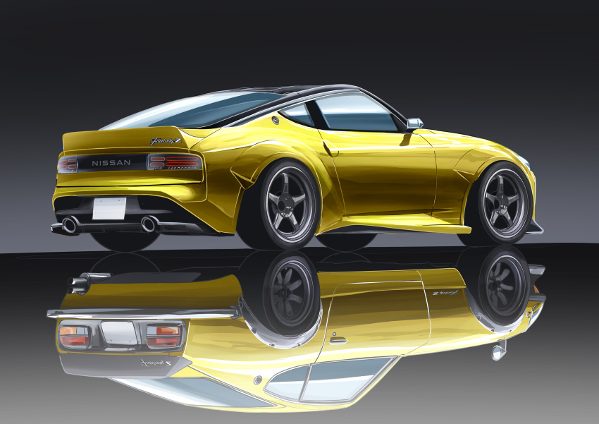 3books, absurdres, black_background, car, datsun, datsun_240z, different_reflection, evolution