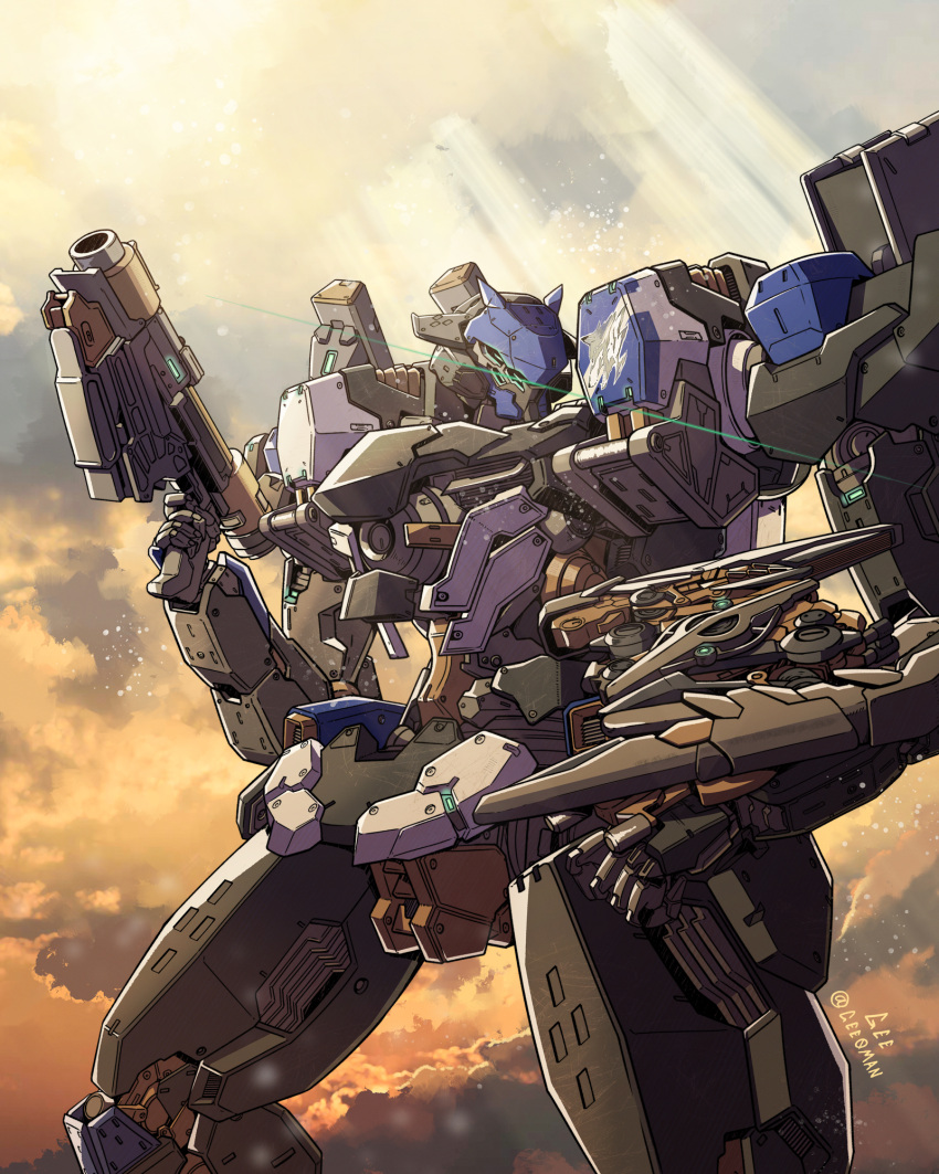 armored_core, armored_core_6, artist_name, assault_visor, clouds, cowboy_shot, dappled_sunlight, english_commentary