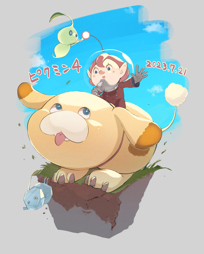 1girl, absurdres, alien, banno_watari, black_eyes, blue_eyes, blue_skin, blue_sky, blush_stickers, buttons, clouds, colored_skin, commentary_request, copyright_name, cowlick, dated, dated_commentary, dog, eyelashes, falling, floppy_ears, flying, ghost_tail, gloves, glow_pikmin, grass, green_skin, grey_background, grey_gloves, helmet, highres, ice, ice_pikmin, jumpsuit, leaf, looking_ahead, looking_at_another, looking_up, no_mouth, oatchi_(pikmin), open_mouth, outdoors, outstretched_arm, outstretched_arms, pikmin_(creature), pikmin_(series), pikmin_4, pink_hair, pointy_ears, protagonist_(pikmin_4), radio_antenna, reaching, red_jumpsuit, red_light, riding, riding_animal, short_hair, sitting_on_animal, sky, smile, solid_circle_eyes, space_helmet, spacesuit, spots, whistle, yellow_fur