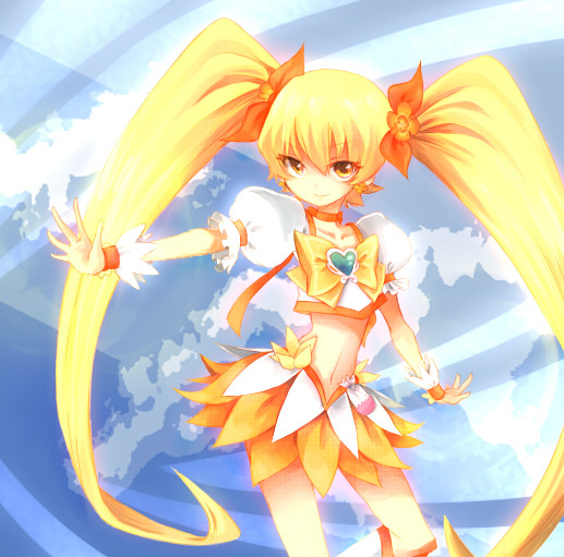 blonde_hair, blue_background, breasts, brown_eyes, cure_sunshine, dextral, dress, futari_wa_precure
