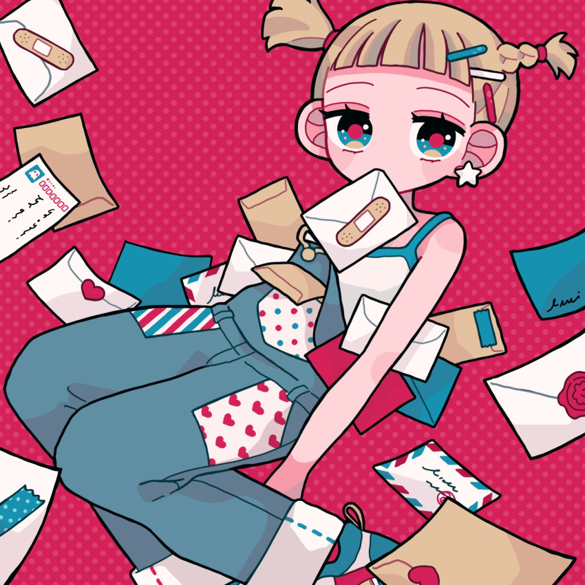 1girl, bandaid, bandaid_on_object, bare_arms, bare_shoulders, blonde_hair, blue_eyes, blue_overalls