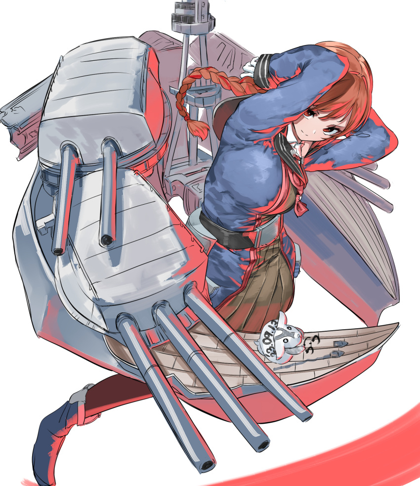 1girl, arms_behind_back, blue_shirt, braid, cannon, gegeron, grey_skirt, highres