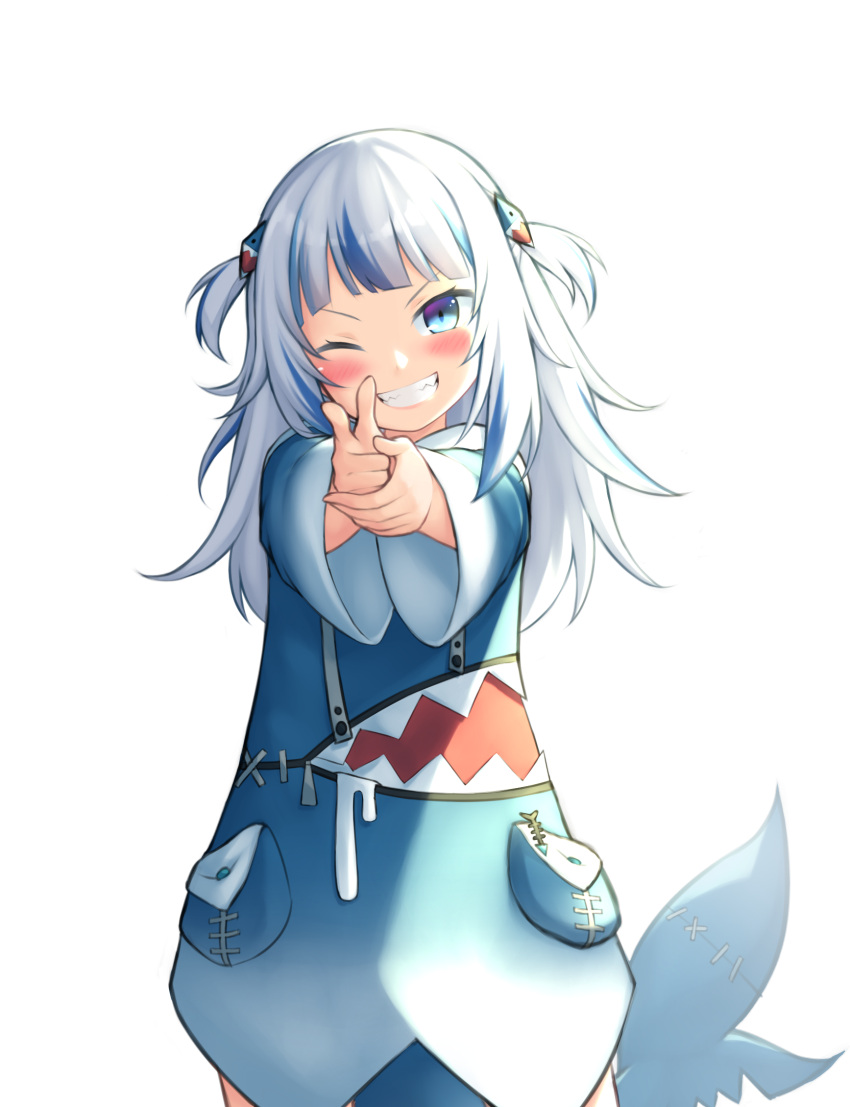 1girl, animal_hood, blue_eyes, blue_hair, blunt_bangs, blush, finger_gun, fins