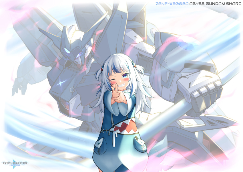 1girl, absurdres, abyss_gundam, animal_hood, blue_hair, blue_hoodie, blunt_bangs, blush, finger_gun, fins, fish_tail, gawr_gura, gawr_gura_(1st_costume), grey_hair, gundam, gundam_seed, gundam_seed_destiny, hair_ornament, highres, hololive, hololive_english, hood, hoodie, mecha, medium_hair, multicolored_hair, pinguinkotak, rei_gun, robot, scene_reference, shark_girl, shark_hair_ornament, shark_hood, shark_tail, sharp_teeth, sidelocks, streaked_hair, tail, teeth, two_side_up, virtual_youtuber, yu_yu_hakusho