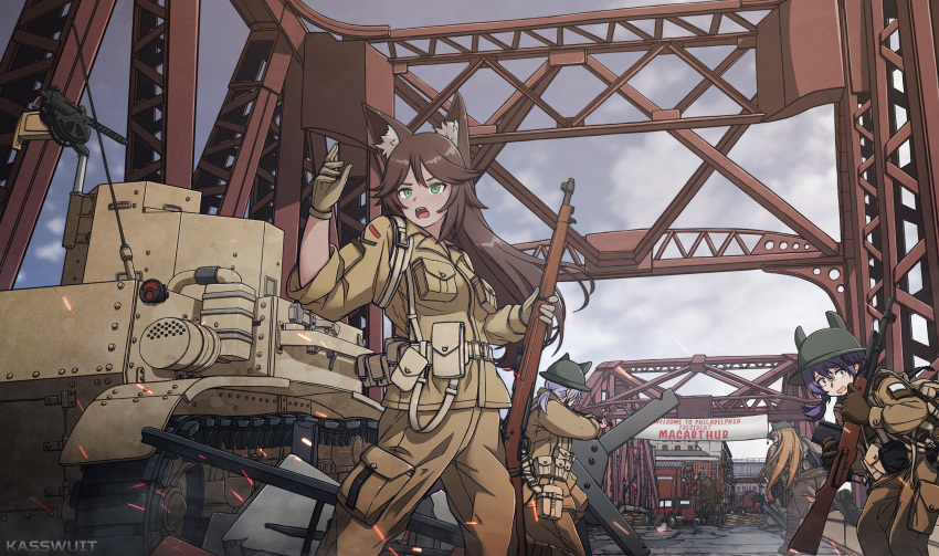 3girls, absurdres, animal_ears, battle, bolt_action, bridge, brodie_helmet, brown_hair