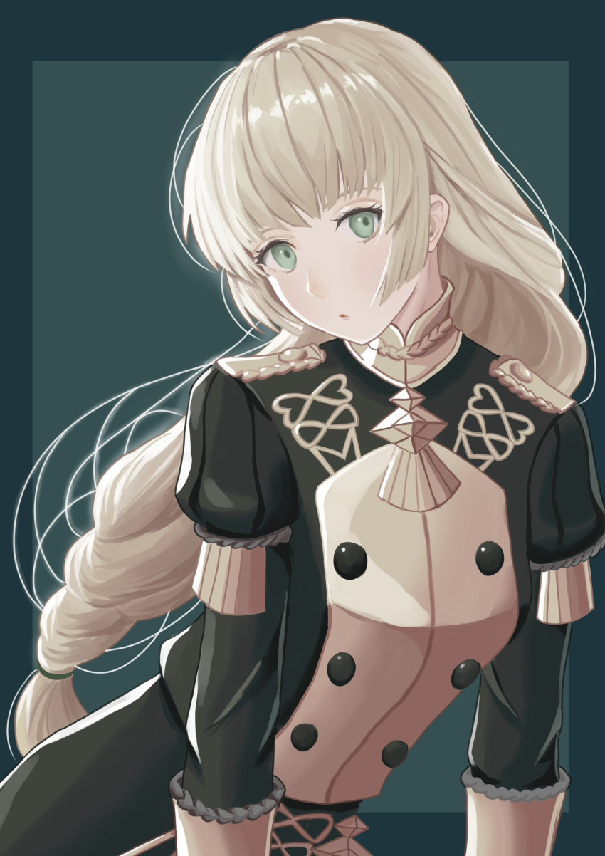 1girl, black_jacket, blonde_hair, braid, braided_ponytail, contrapposto, dangouo_ty, epaulettes