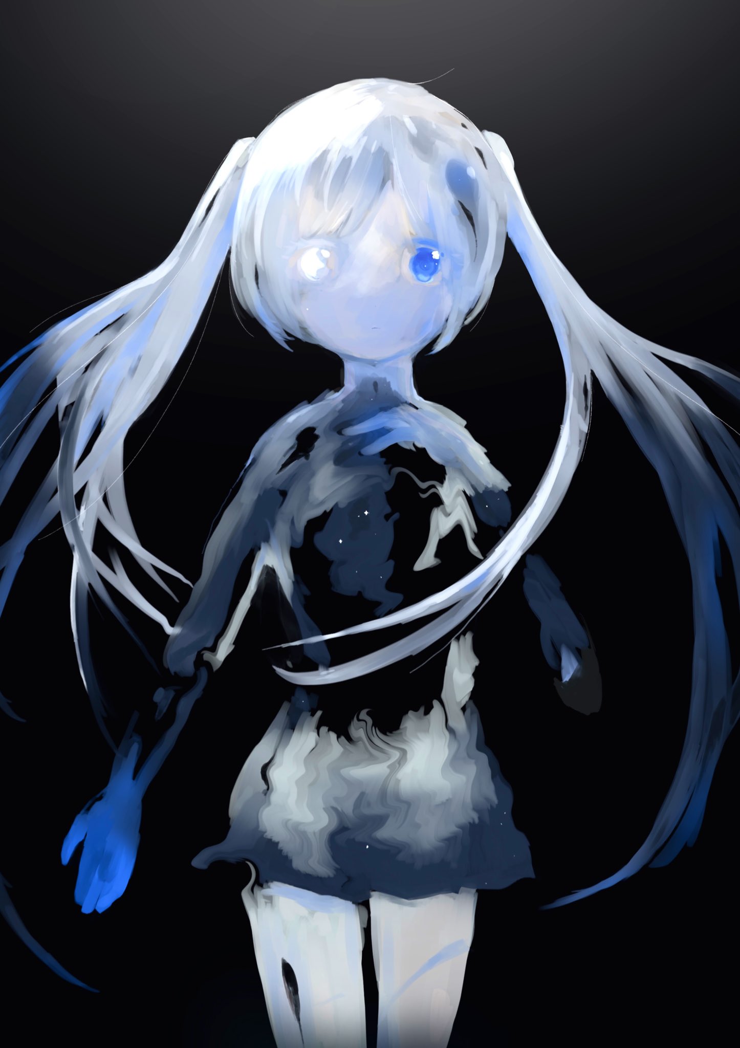 1girl, black_background, blue_eyes, hand_up, heterochromia, highres, long_hair, looking_at_viewer, mendakoanime, original, solo, twintails, white_eyes, white_hair
