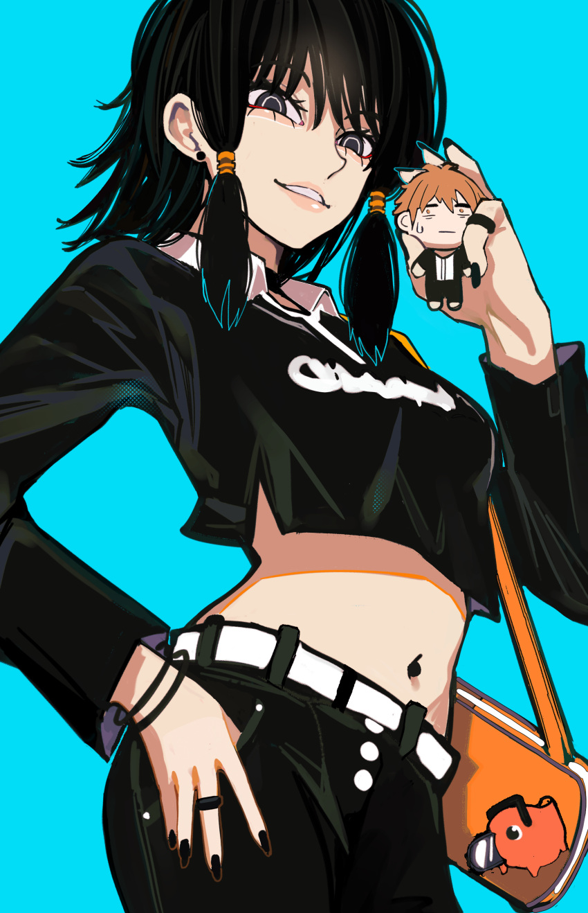 1girl, absurdres, bag, black_eyes, black_hair, black_nails, bracelet, chainsaw_man