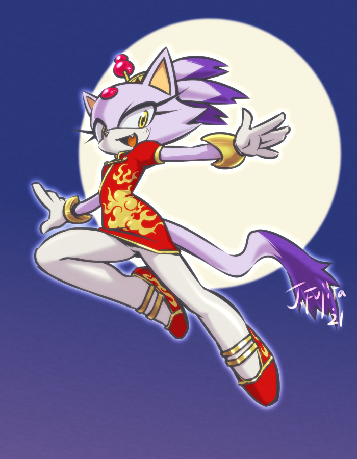1girl, animal_ears, blaze_the_cat, cat_ears, cat_girl, cat_tail, chinese_clothes, dress