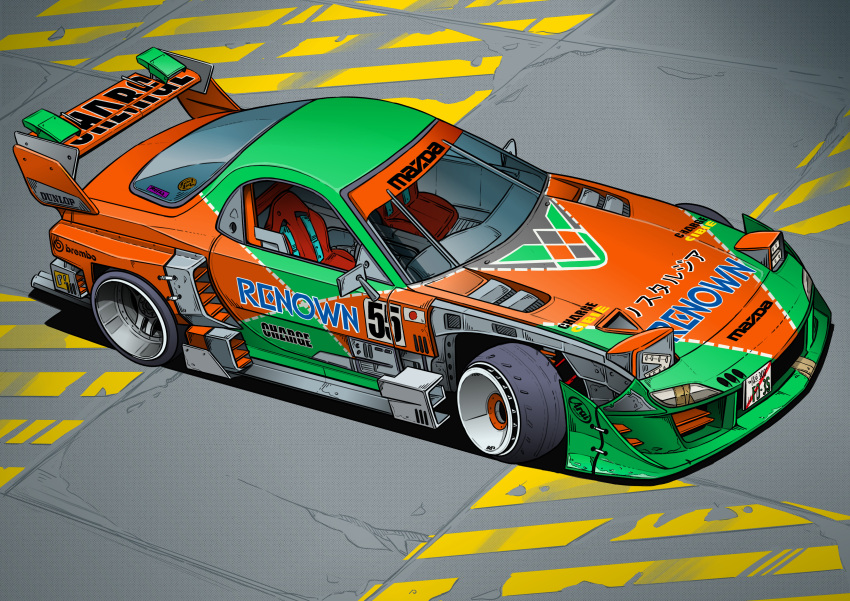 absurdres, brembo, car, dunlop, from_above, highres, jakub_(skyreecarart), japanese_flag, license_plate, mazda, mazda_rx-7, mazda_rx-7_fd, motor_vehicle, original, race_vehicle, racecar, shadow, spoiler_(automobile), vehicle_focus, world_sportscar_championship