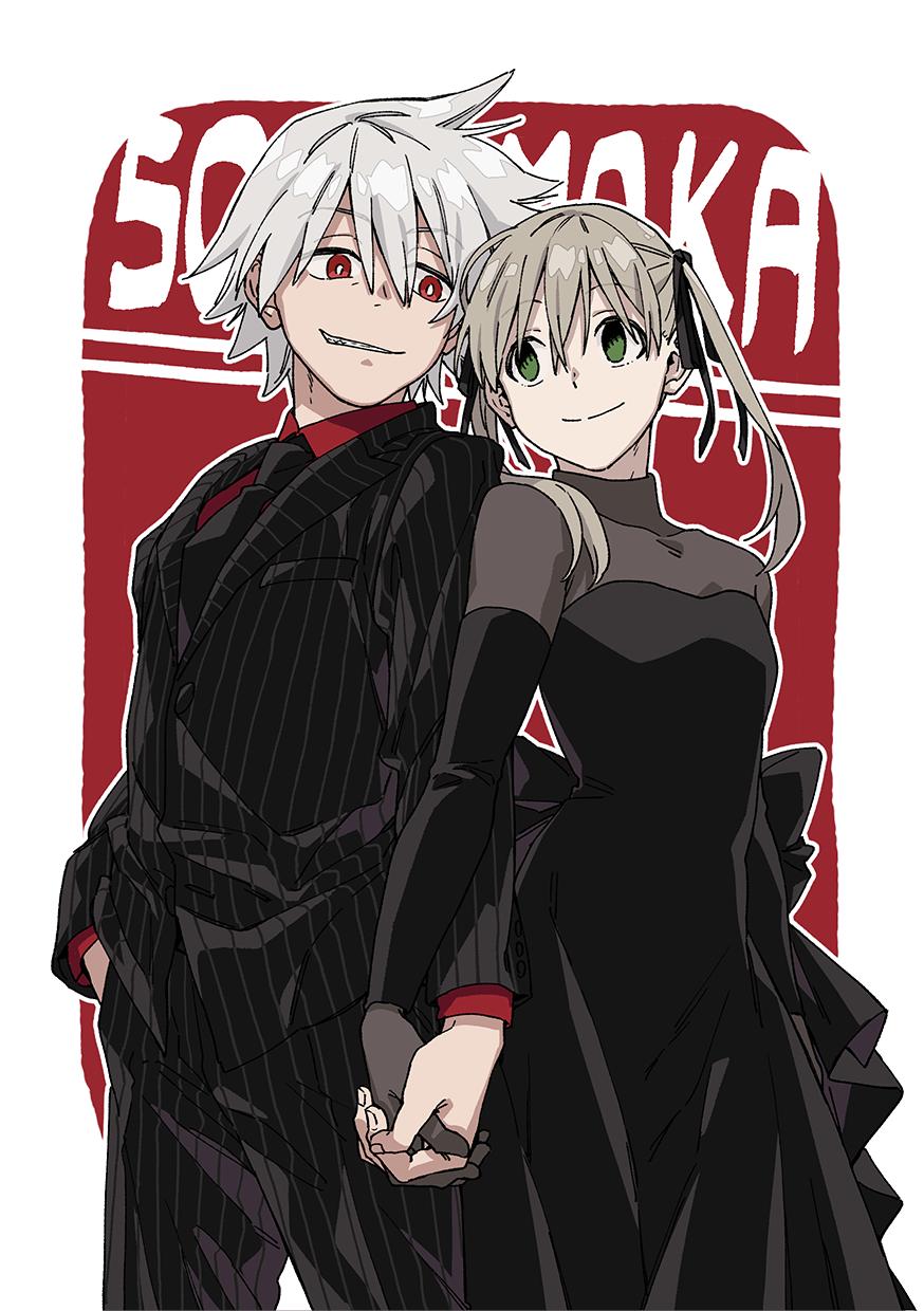 1boy, 1girl, black_dress, black_necktie, blonde_hair, character_name, dress, dress_shirt, go_chol, green_eyes, hair_ribbon, highres, holding_hands, long_hair, looking_at_another, maka_albarn, necktie, pinstripe_pattern, pinstripe_suit, red_background, red_eyes, red_shirt, ribbon, sharp_teeth, shirt, smile, soul_eater, soul_evans, striped, suit, teeth, turtleneck