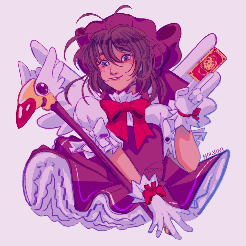 1girl, artist_name, bow, card, cardcaptor_sakura, clow_card, gloves, green_eyes