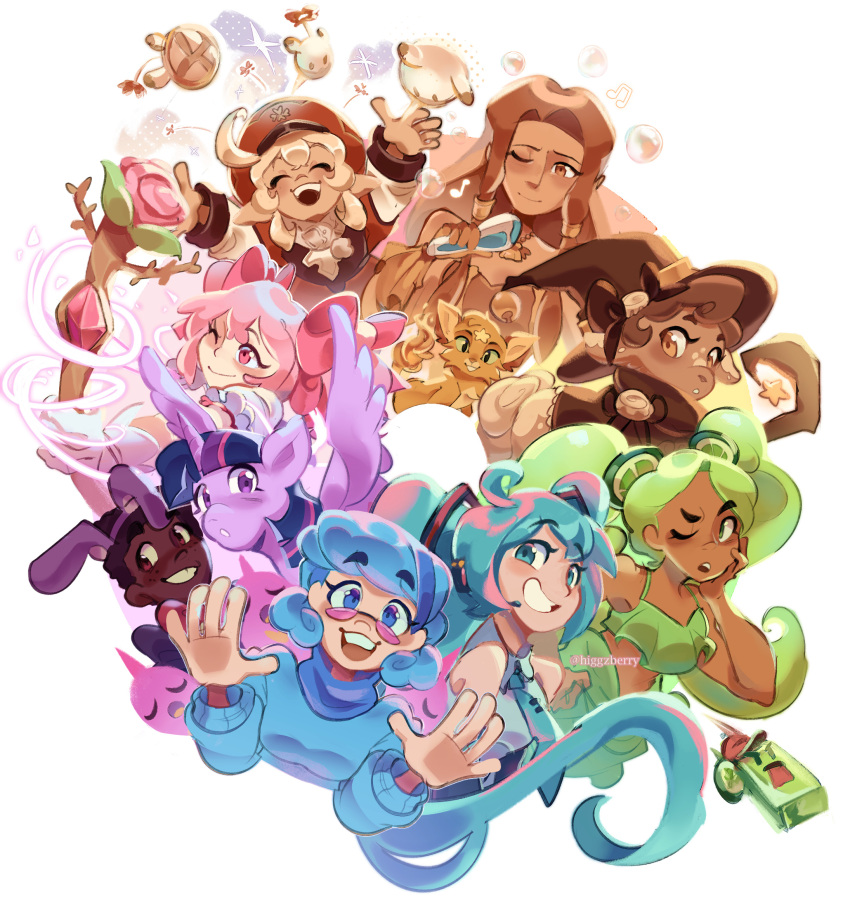 6+girls, ahoge, animal_ears, arms_up, artist_name, black_hair, blue_hair, bow, brown_eyes, brown_hair, character_request, closed_eyes, color_wheel_challenge, cookie_run, dark-skinned_female, dark_skin, english_commentary, fake_animal_ears, five_nights_at_freddy's, genshin_impact, glasses, goatlings, green_hair, hair_bow, hands_up, hat, hatsune_miku, higgzberry, highres, kaname_madoka, klee_(genshin_impact), mahou_shoujo_madoka_magica, mermaid_melody_pichi_pichi_pitch, multiple_drawing_challenge, multiple_girls, my_little_pony, my_little_pony:_friendship_is_magic, mystery_skulls, one_eye_closed, pink_bow, pink_eyes, pink_hair, red_headwear, smile, staff, tinted_eyewear, twilight_sparkle, twintails, unicorn, vocaloid, warrior_cats, wizard_hat, yukino_vivi