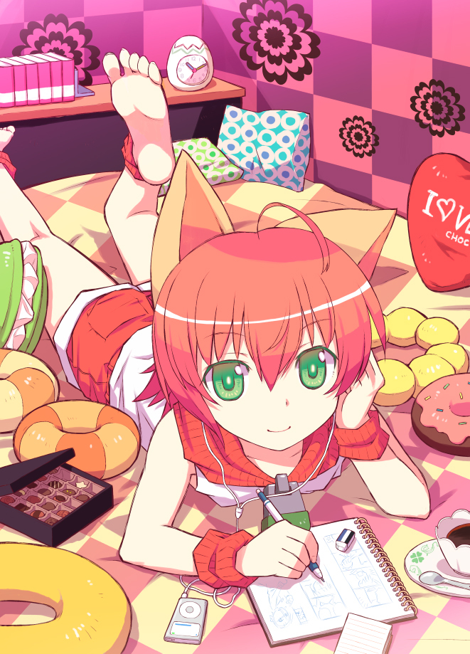 animal_ears, barefoot, bed, cat_ears, checkered, chocolate, digital_media_player, doughnut, drawing, feet, green_eyes, ipod, lying, on_stomach, original, pencil, pillow, red_hair, redhead, ryouchin, short_hair, shorts, smile, soles, solo