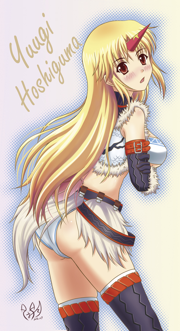 ass, blonde_hair, cosplay, horn, horns, hoshiguma_yuugi, kirin, kirin_(armor)
