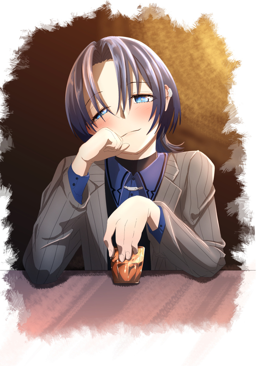 1girl, absurdres, blue_eyes, blue_hair, blue_shirt, blush, border, collared_shirt
