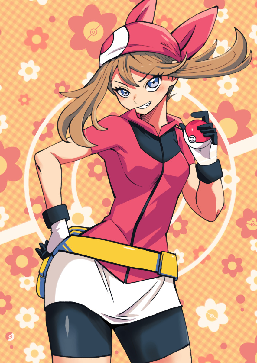 1girl, bandana, batchgooya, bike_shorts, brown_hair, cowboy_shot, fanny_pack, floral_background