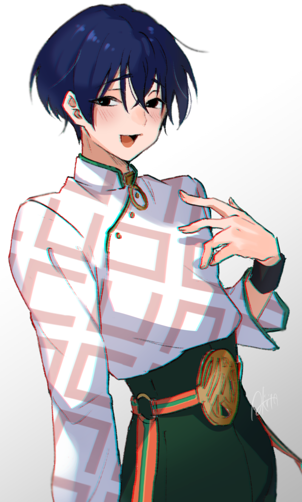1boy, belt, black_eyes, blue_hair, blush, charisma_house, green_pants, hand_on_own_chest