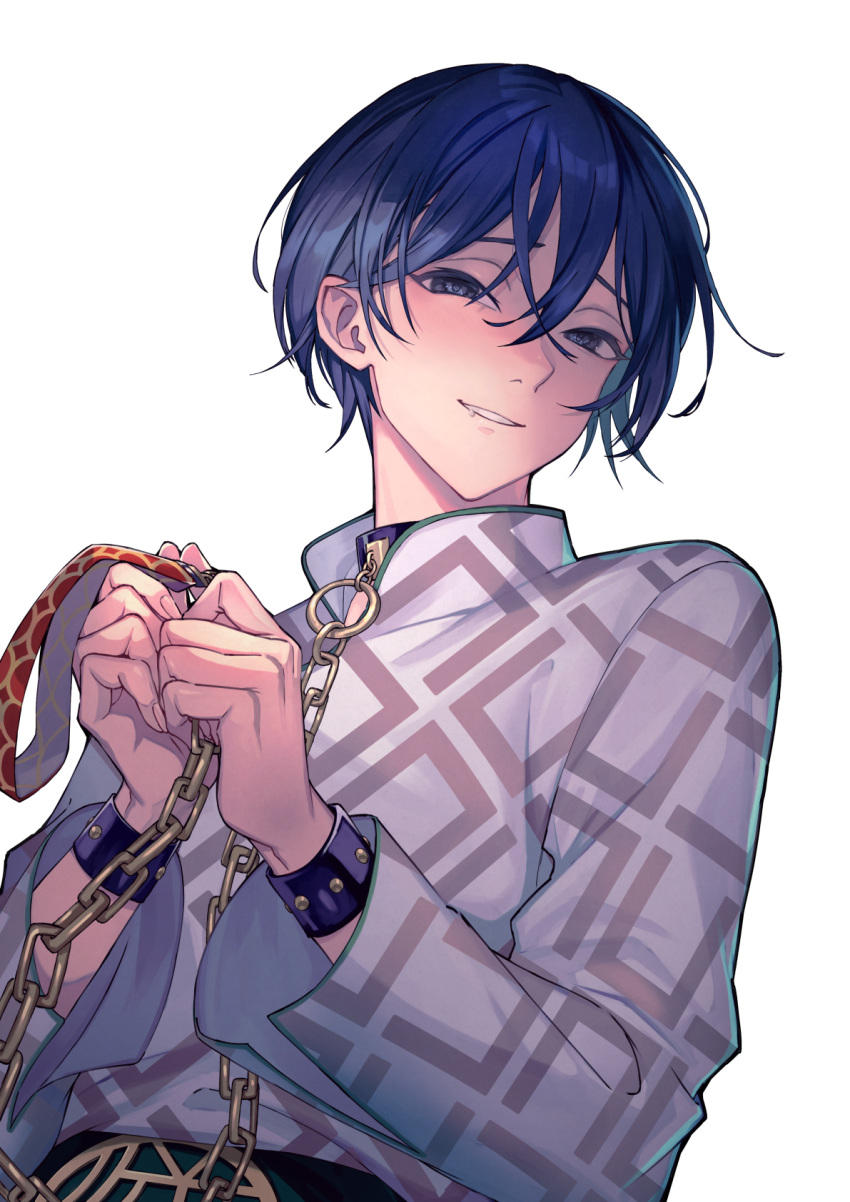 1boy, a_harart, black_pants, blue_eyes, blue_hair, blush, chain, charisma_house, cuffs, dark_blue_hair, gold_chain, handcuffs, highres, long_sleeves, looking_at_viewer, male_focus, motohashi_iori, pants, short_hair, smile, solo, teeth, white_background