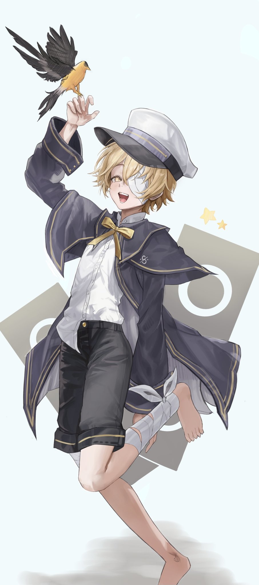 1boy, 1other, bandage_over_one_eye, bandaged_foot, bandaged_leg, bandages, barefoot, bird, bird_on_hand, black_shorts, blonde_hair, blue_capelet, blue_jacket, capelet, coat, collared_shirt, dal_segno_(symbol), elpuchi, finch, hat, highres, jacket, james_(vocaloid), leg_up, light_blue_background, looking_at_viewer, male_focus, oliver_(vocaloid), one_eye_covered, open_clothes, open_jacket, open_mouth, pet, ribbon, sailor_collar, sailor_hat, shirt, shorts, smile, speaker, standing, standing_on_one_leg, vocaloid, white_shirt, yellow_eyes, yellow_ribbon
