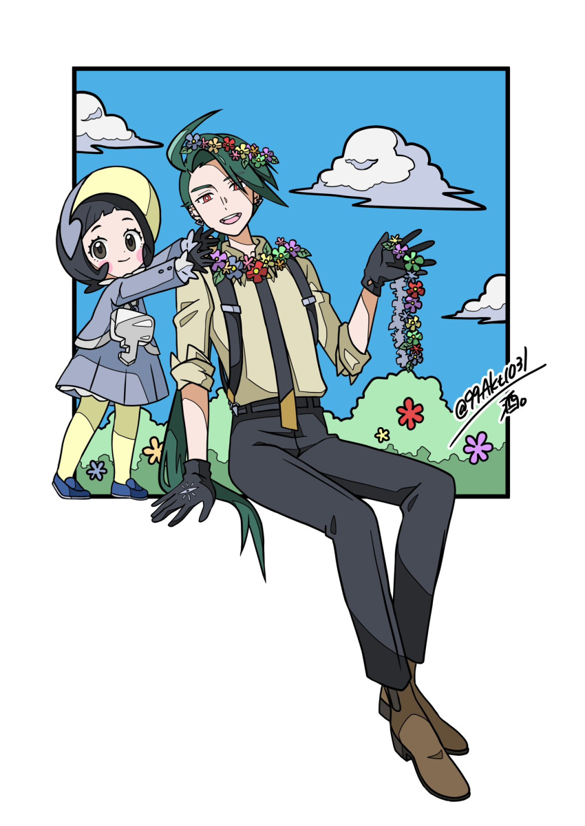 2girls, 99akt1031, :d, arm_support, black_gloves, black_hair, black_pants, blush_stickers
