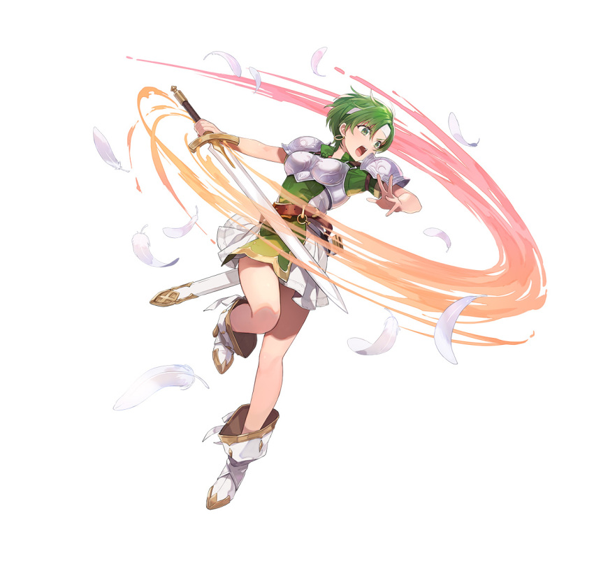 1girl, armor, attack, breastplate, dress, earrings, feathers, fee_(fire_emblem)