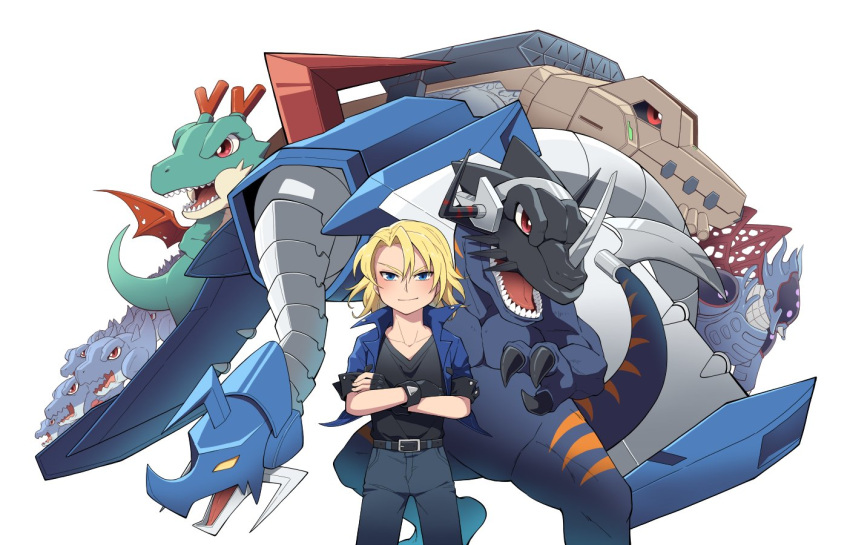 1boy, aonuma_kiriha, belt, black_belt, black_gloves, black_pants, black_shirt, blonde_hair, blue_eyes, crossed_arms, dark_blue_jacket, deckerdramon, digimon, dracomon, fingerless_gloves, gaossmon, gloves, greymon_(digimon_xros_wars), horns, jacket, lao_wen, looking_at_viewer, mailbirdramon, medium_hair, open_clothes, open_jacket, open_mouth, pants, red_eyes, sharp_teeth, shirt, short_sleeves, simple_background, teeth, tyrannosaurus_rex, white_background, wings