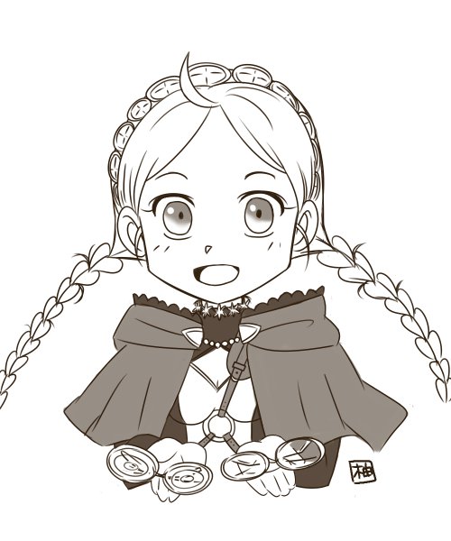 1girl, ahoge, braid, capelet, citronhsp, eyewear_removed, facing_viewer, fire_emblem, fire_emblem_fates, holding, holding_removed_eyewear, hood, hood_down, hooded_capelet, looking_at_viewer, low_twin_braids, nina_(fire_emblem), o-ring, open_mouth, parted_bangs, solo, twin_braids, upper_body