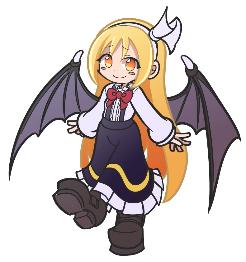 1girl, bat_wings, black_footwear, black_skirt, blonde_hair, bow, bowtie, center_frills