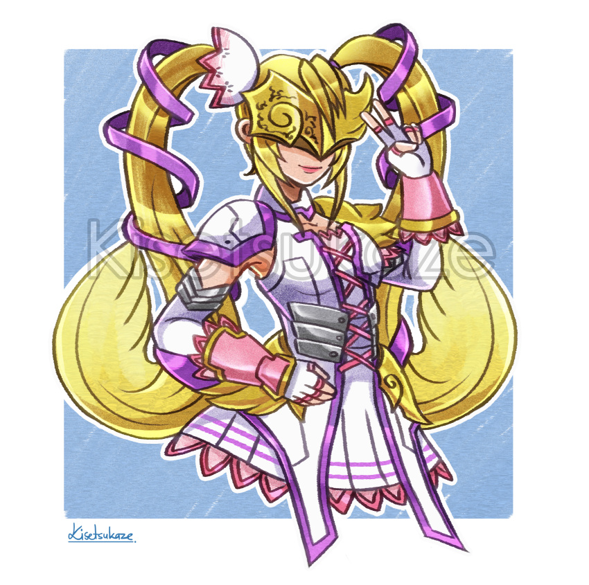 1girl, absurdres, angel, artist_name, blonde_hair, covered_eyes, digimon, digimon_(creature), hand_on_own_hip, helmet_over_eyes, highres, kisetsukaze, long_hair, lovelyangemon, mask, simple_background, solo, twintails, upper_body, v, watermark