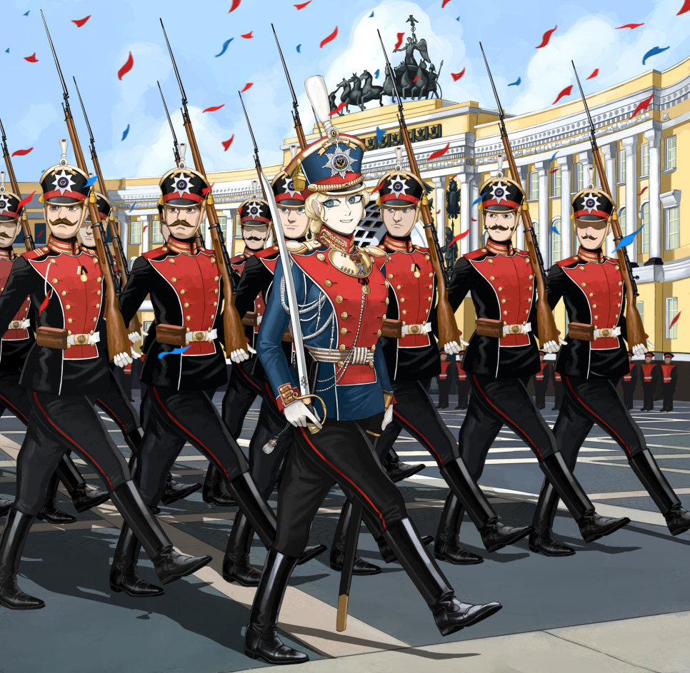 1girl, 6+boys, aiguillette, ammunition_pouch, arched_window, army, bayonet, belt, belt_buckle, belt_pouch, berdan_rifle, black_footwear, black_jacket, black_pants, blonde_hair, blue_eyes, blue_jacket, blue_sky, bolt_action, boots, brown_facial_hair, buckle, building, buttons, clouds, collared_jacket, commentary, confetti, day, double-breasted, epaulettes, european_architecture, faceless, faceless_male, facial_hair, full_body, gloves, gorget, gun, hat, hat_ornament, holding, holding_gun, holding_sheath, holding_sword, holding_weapon, horse, jacket, katyusha_(98269886), legs_apart, long_sleeves, looking_at_viewer, looking_to_the_side, marching, military, military_hat, military_jacket, military_uniform, mole, mole_under_eye, mosin-nagant, multicolored_clothes, multicolored_jacket, multiple_boys, mustache, octagram, officer, open_mouth, original, outdoors, over_shoulder, pants, pants_tucked_in, peaked_cap, plume, pouch, red_jacket, red_stripes, rifle, road, russia, russian_army, russian_empire, saber_(weapon), scabbard, shako_cap, sheath, shoulder_boards, sidelocks, single_stripe, sky, smile, standing, statue, striped, striped_belt, striped_pants, sword, uniform, unsheathed, weapon, weapon_over_shoulder, white_belt, white_gloves, white_trim, window, world_war_i