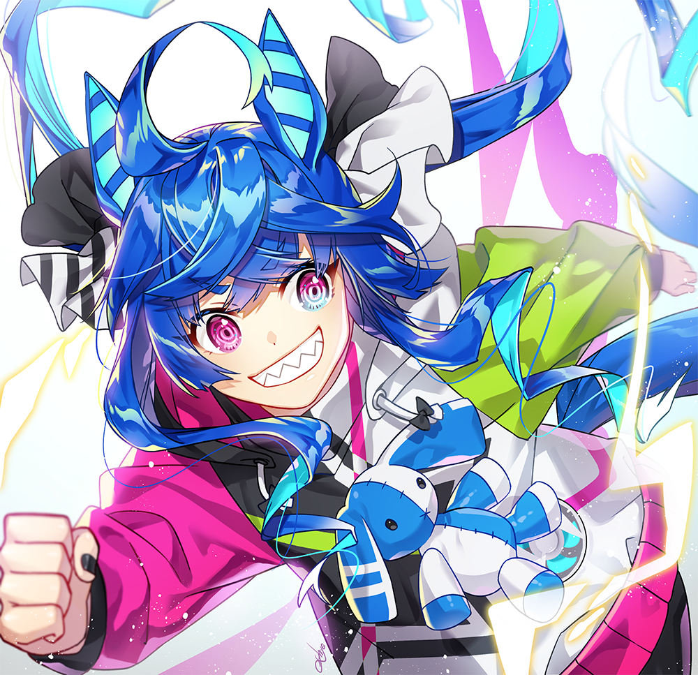 1girl, ahoge, animal_ears, aqua_hair, artist_name, black_nails, black_ribbon, blue_eyes