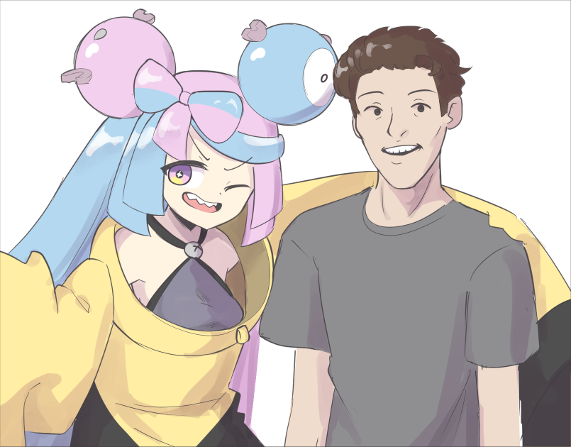 1girl, bow-shaped_hair, brown_hair, character_hair_ornament, crossover, grey_shirt, hair_ornament, iono_(pokemon)