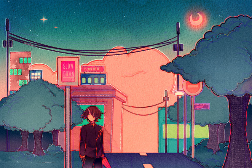 1boy, bandage_over_one_eye, bird, bird_brooch, black_gloves, black_hair, black_pants, black_shirt