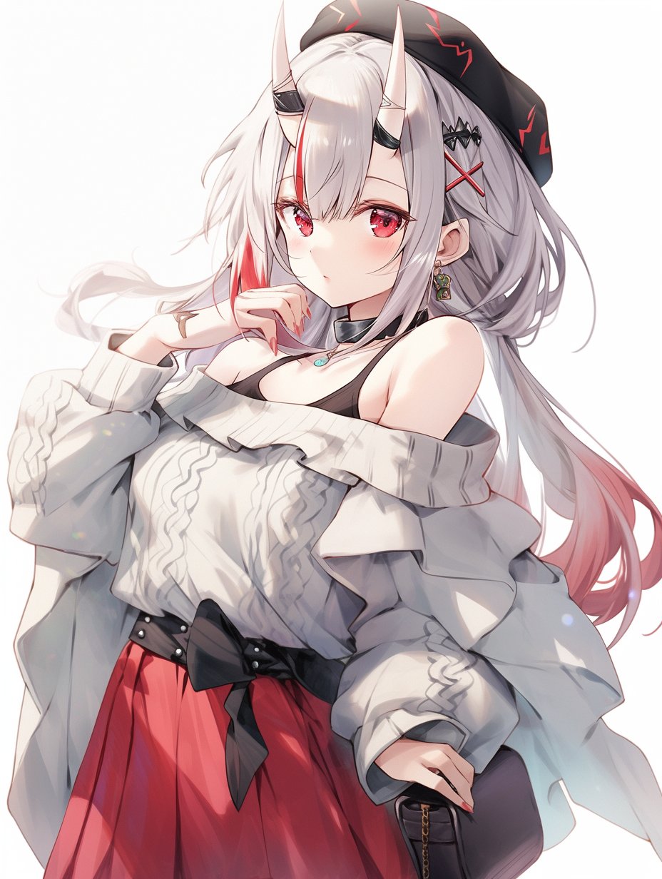 black_headwear, collar, fujiwarahima, hair_ornament, highres, hololive, horns, multicolored_hair, nail_polish, nakiri_ayame, oni_horns, red_eyes, red_skirt, skirt, tagme, white_hair, x_hair_ornament