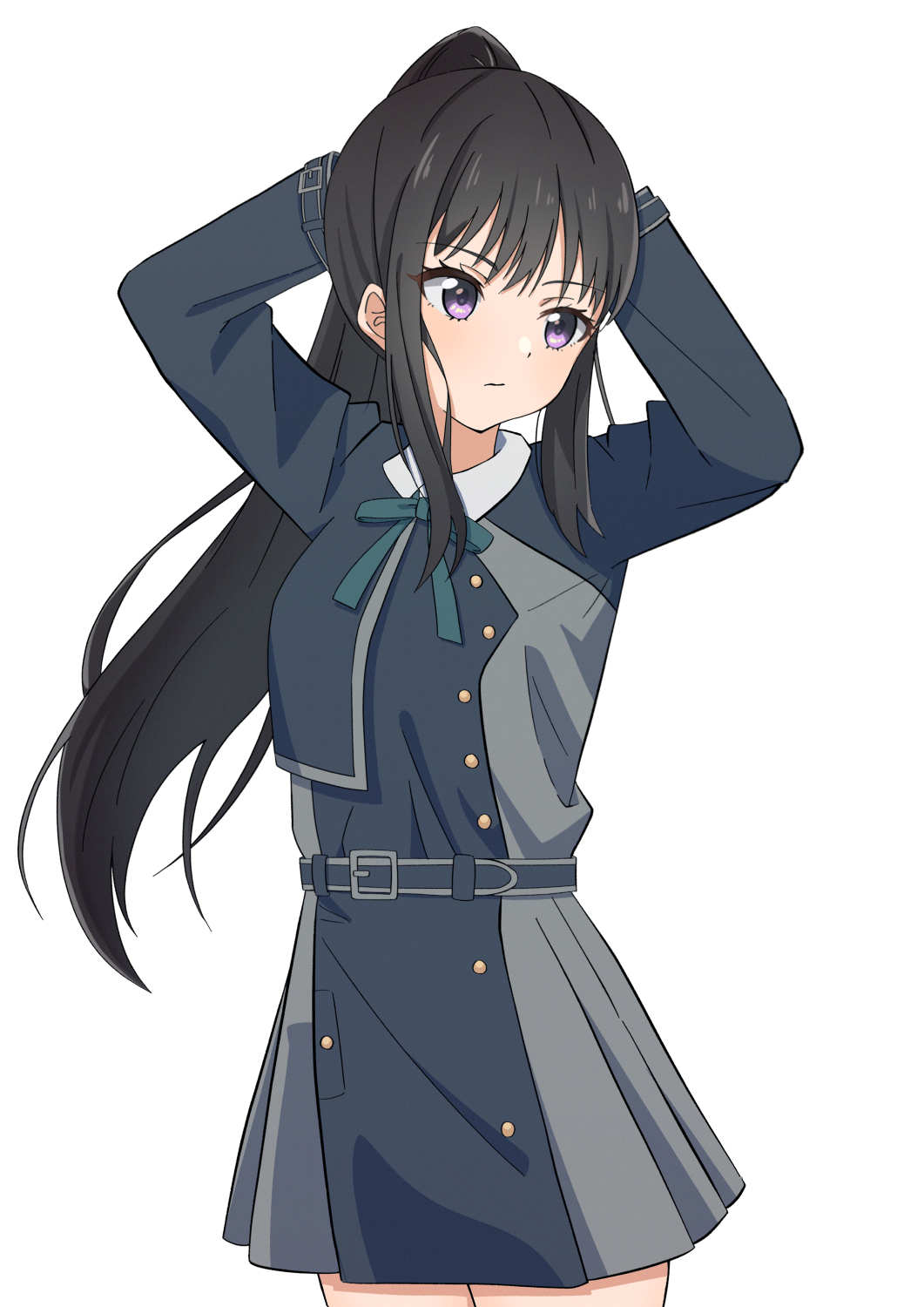 1girl, alternate_hairstyle, arms_up, awaomi, black_hair, blue_dress, closed_mouth, collared_shirt, cowboy_shot, dress, green_ribbon, highres, inoue_takina, long_sleeves, looking_afar, lycoris_recoil, lycoris_uniform, neck_ribbon, ponytail, ribbon, shirt, simple_background, solo, white_background