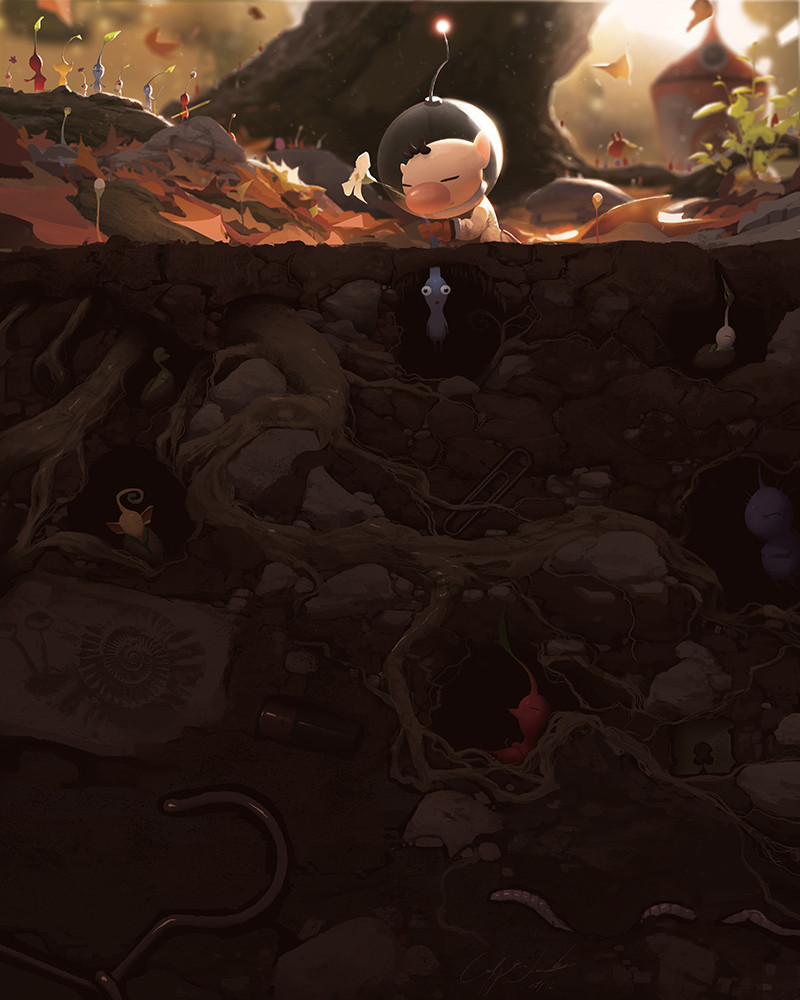 1boy, alien, autumn, autumn_leaves, big_nose, black_eyes, black_hair, blue_pikmin