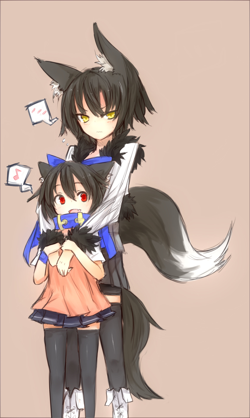 2girls, animal_ears, black_hair, blush, bow, cocoa_(toba), collar, cross-laced_footwear, dog_ears, dog_tail, fang, fox_ears, fox_tail, fur, hair_bow, height_difference, highres, hug, hug_from_behind, multiple_girls, musical_note, nanako_(shirogane_usagi), nanashi_(shirogane_usagi), original, red_eyes, shirogane_usagi, skirt, spoken_blush, tail, thigh-highs, thighhighs, yellow_eyes, zettai_ryouiki