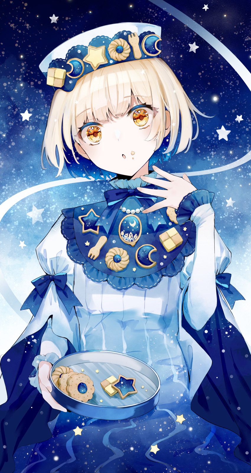 1girl, :o, absurdres, artist_name, blonde_hair, blue_bow, blue_capelet, blue_dress