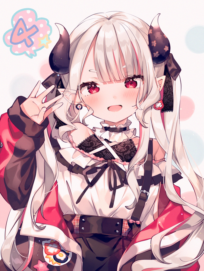 1girl, ana_(rznuscrf), black_ribbon, black_skirt, blush, earrings, hair_ribbon, horns