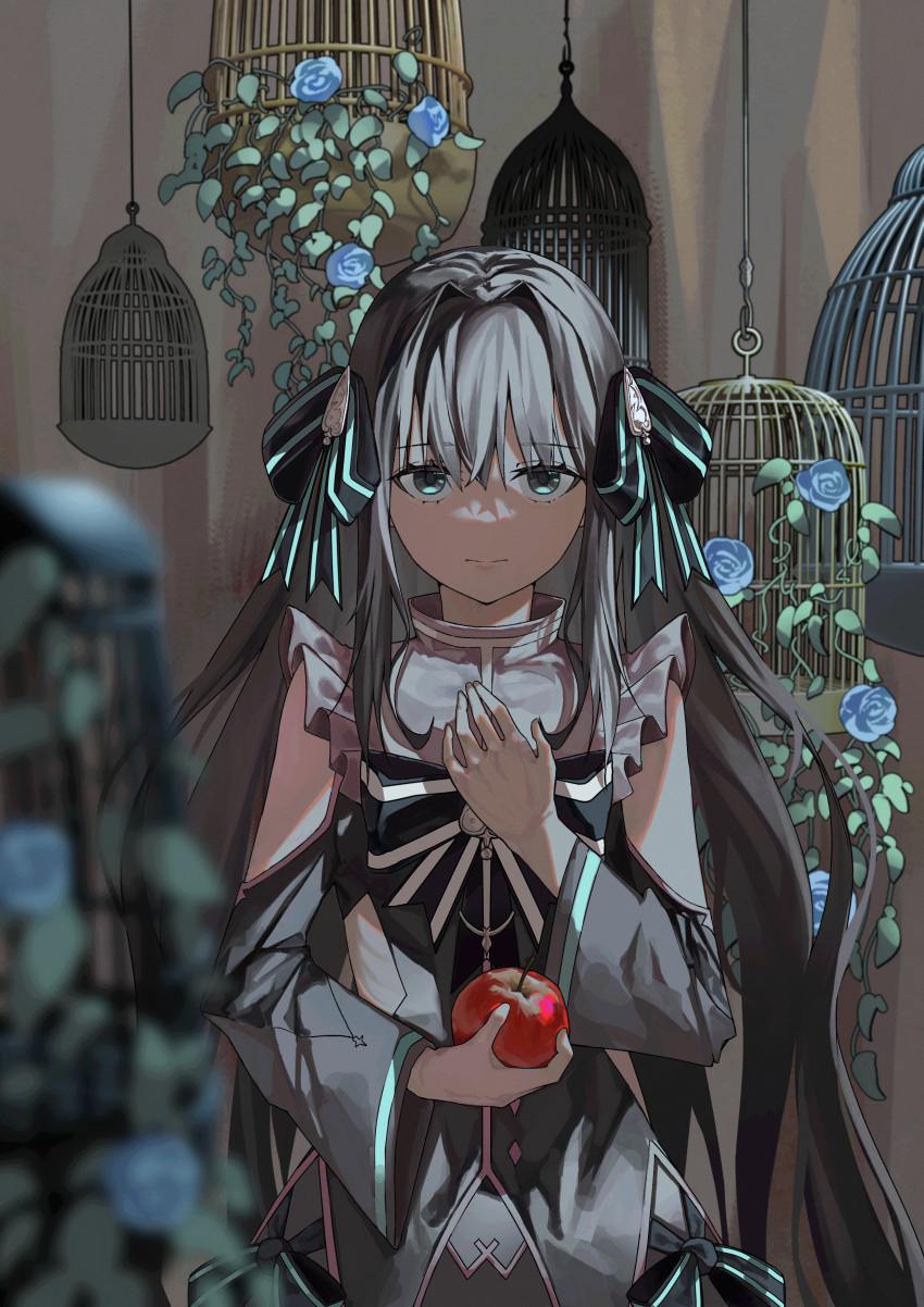 1girl, absurdres, apple, arcaea, birdcage, blue_flower, blue_rose, bow, bruce_1354, cage, detached_sleeves, flower, food, fruit, grey_hair, hair_bow, hand_on_own_chest, highres, holding, holding_food, holding_fruit, rose, solo, tairitsu_(arcaea), wide_sleeves
