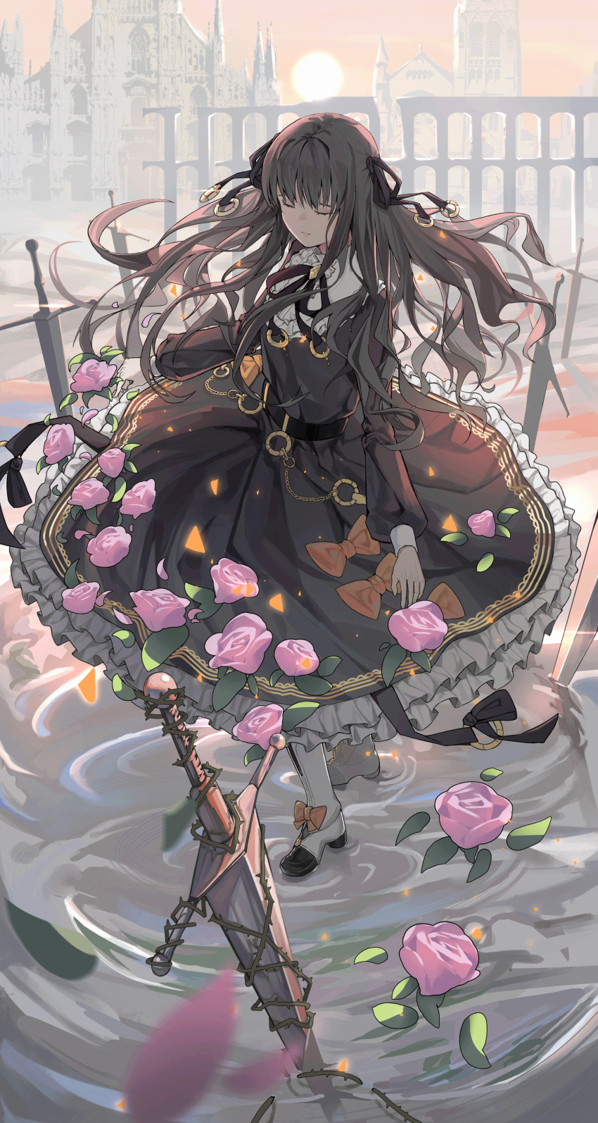 1girl, absurdres, arcaea, boots, bow, bruce_1354, chain, closed_eyes