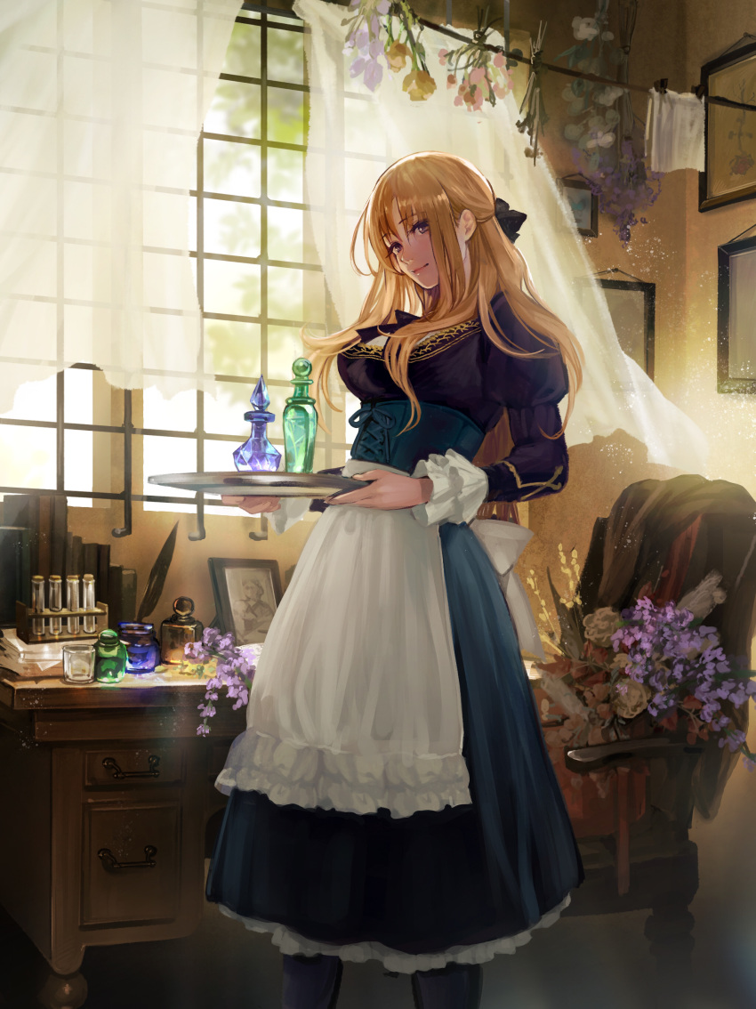 1girl, absurdres, apron, bag, black_bow, black_footwear, blonde_hair, blue_skirt