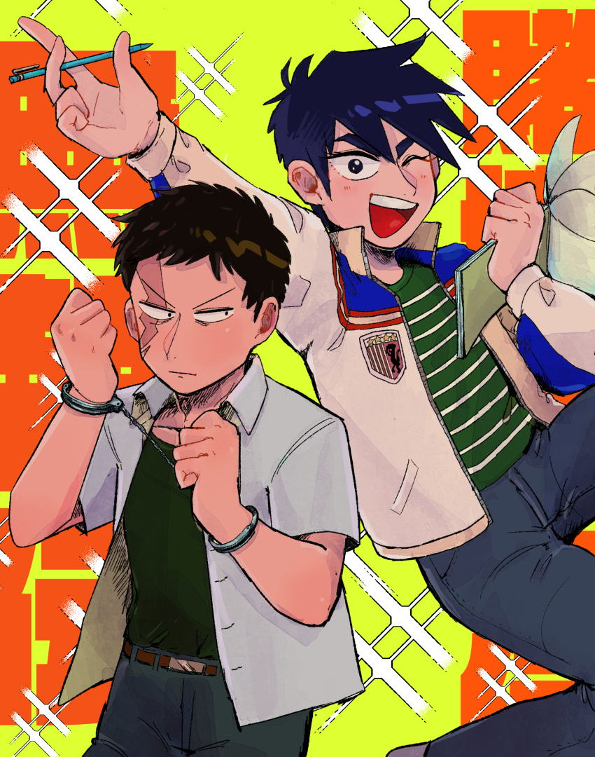 2boys, :d, belt, black_eyes, black_hair, brown_belt, buraiden_gai, closed_mouth, commentary_request, cuffs, feet_out_of_frame, frown, green_shirt, grey_pants, handcuffs, highres, holding, holding_notepad, holding_pen, itanoma_(omrisoisina), jacket, kudou_gai, letterman_jacket, long_sleeves, looking_at_viewer, male_focus, medium_bangs, multiple_boys, notepad, one_eye_closed, open_clothes, open_mouth, open_shirt, pants, pen, scar, scar_across_eye, shirt, short_bangs, short_hair, short_sleeves, smile, sparkle, striped, striped_shirt, teeth, tobaku_haouden_zero, ukai_zero, undershirt, upper_teeth_only, v-shaped_eyebrows, very_short_hair, white_jacket, white_shirt, yellow_background