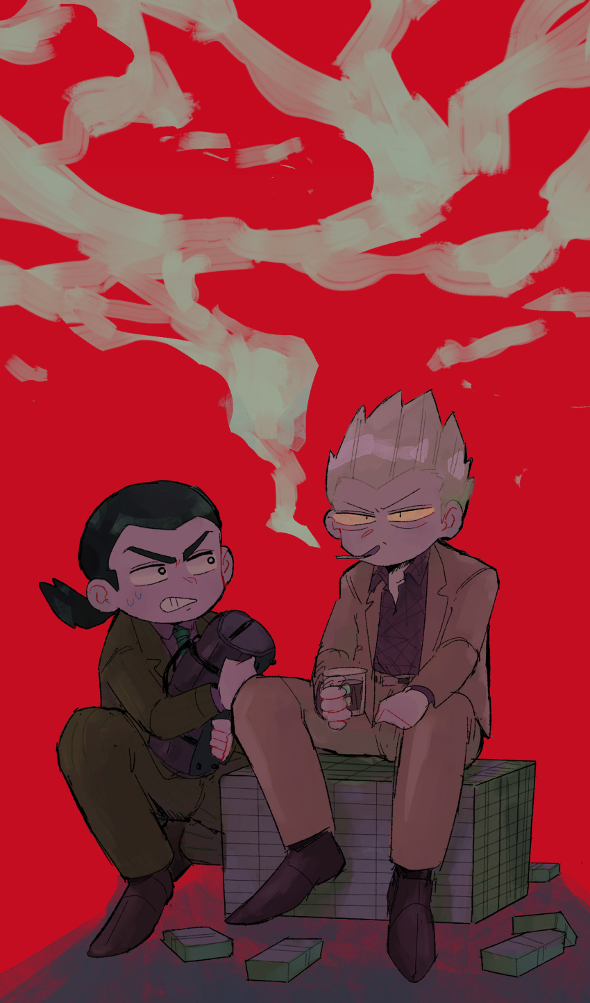 absurdres, bag, banknote, black_eyes, black_hair, blazer, brown_footwear, clenched_teeth