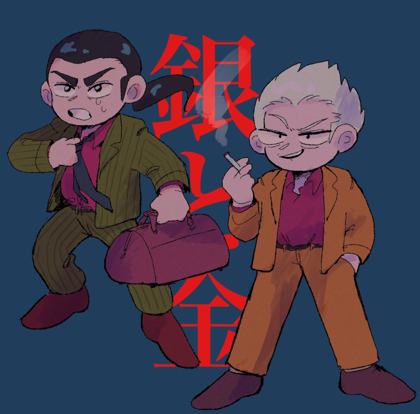 2boys, adjusting_clothes, adjusting_necktie, bag, black_eyes, black_hair, black_necktie, blazer