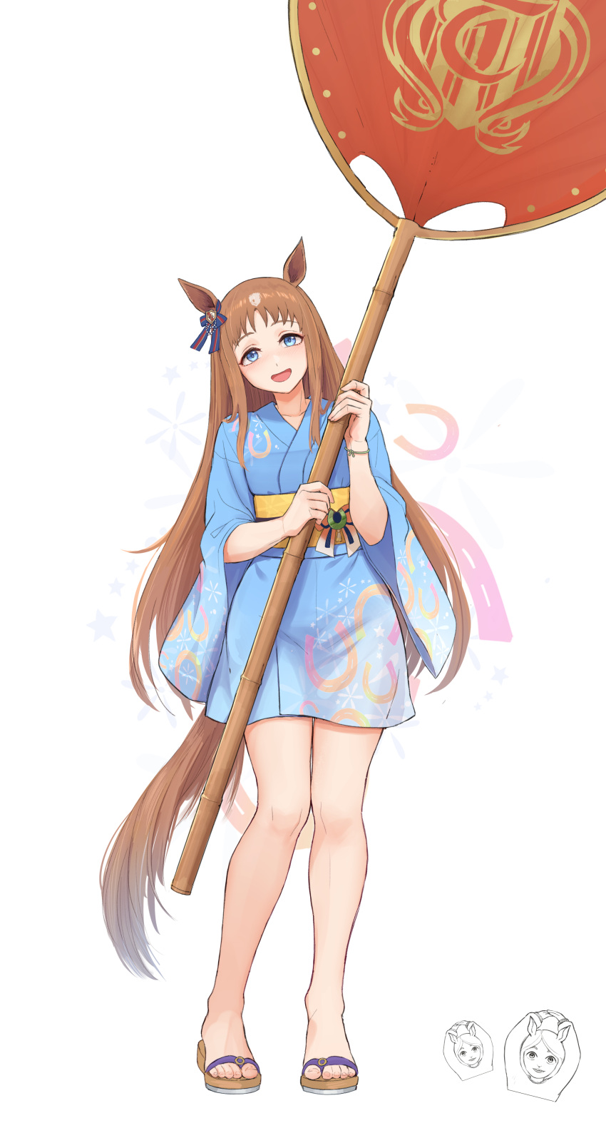 1girl, :d, absurdres, animal_ears, benikirin, blue_eyes, blue_kimono, brown_hair