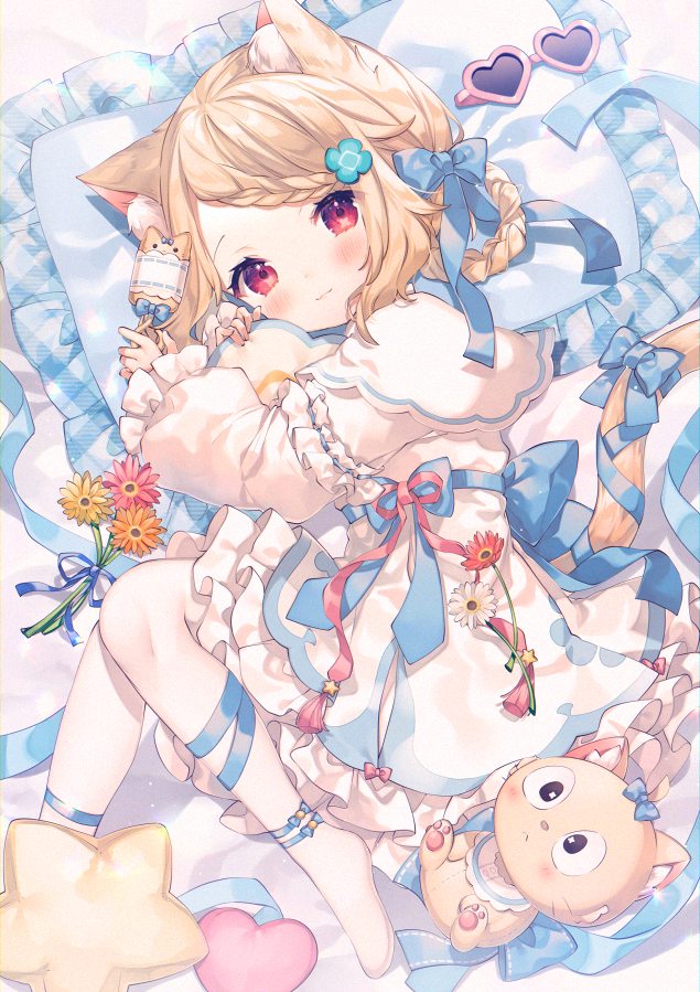 1girl, amai_hiyo, ana_(rznuscrf), animal_ear_fluff, animal_ears, blonde_hair, blue_bow, blue_ribbon