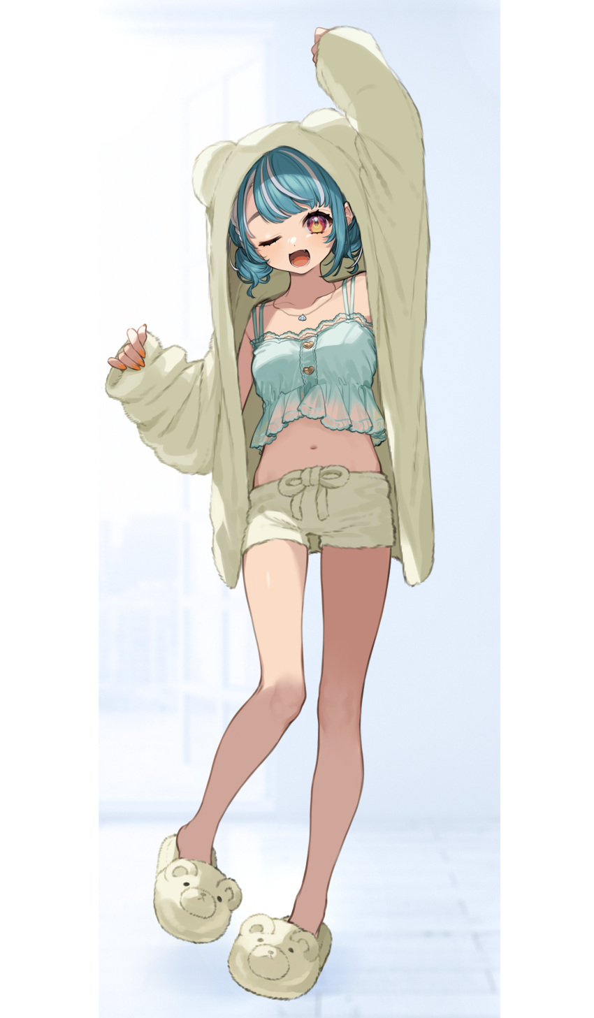 1girl, absurdres, arm_up, blue_hair, full_body, highres, hood, hooded_jacket