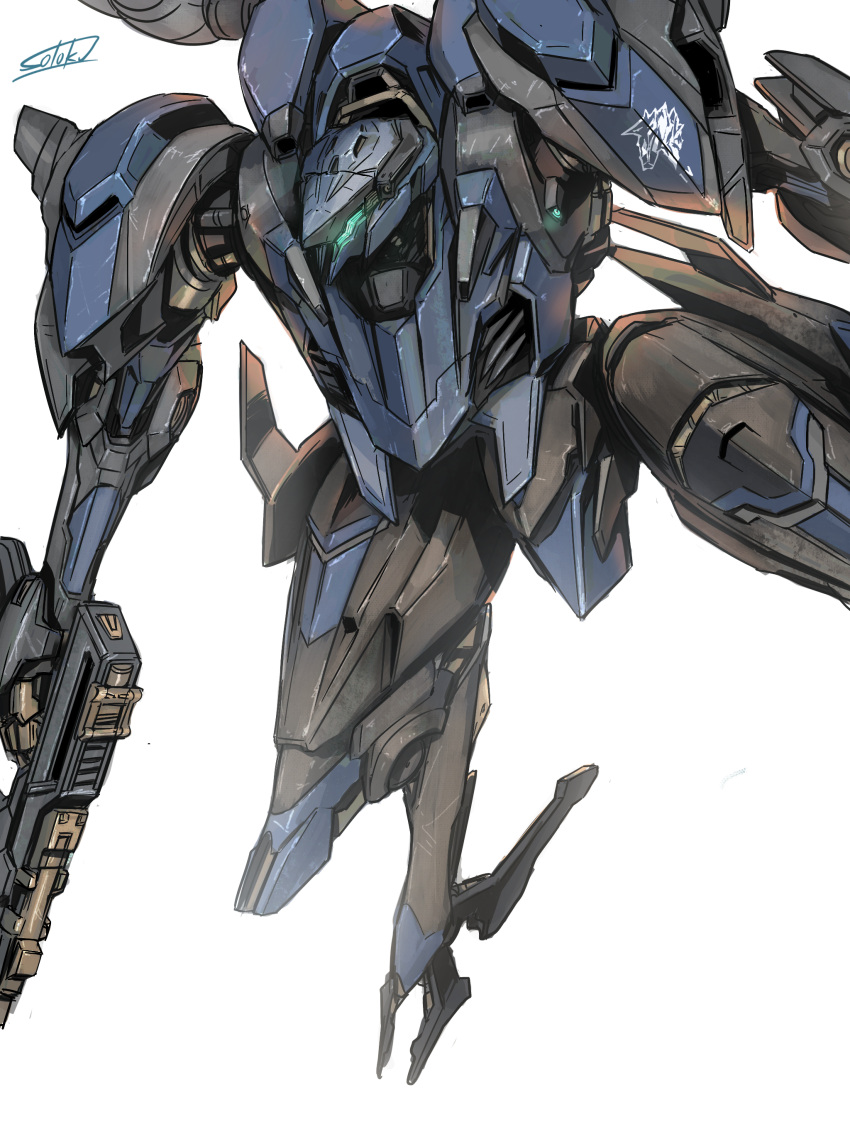 absurdres, armored_core, armored_core_6, glowing, glowing_eyes, green_eyes, gun, highres